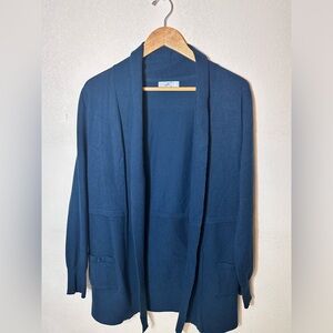 Joan Vass NY Open Cardigan Medium Blue Teal Fine Knit Long Sleeve
